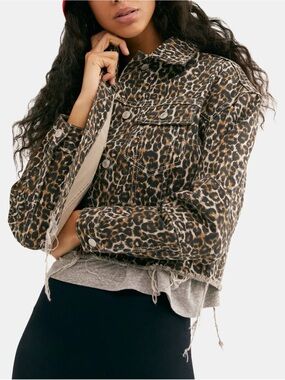 NWOT Free People Leopard-Print Cropped Jean Jacket in Brown & Black